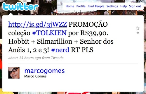 Twitt sobre promoção de livros do Tolkien