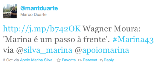 Twitt publicado pelo Apoio Marina no perfil do @mantduarte