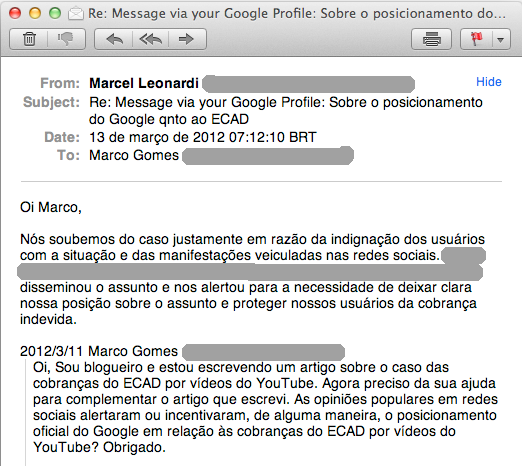 Mensagem de Marcel Leonardi afirmando que as manifestações em redes sociais alertaram o Google em relação às cobranças do ECAD