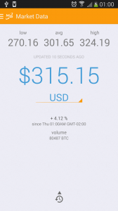 Screenshot do Android App do MT Gox mostrando uma cotação a US$ 315