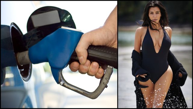 Montagem com 2 fotos: um carro sendo abastecido e a Kim Kardashian usando roupa sensual com enorme decote