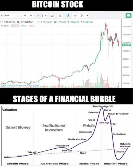 Gráfico comparando bitcoin a uma bolha.