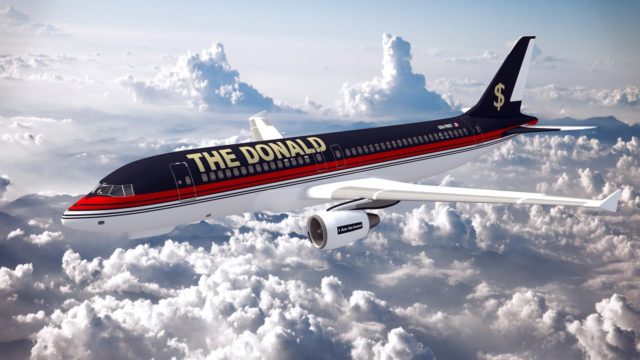 Avião Boeing enorme, "The Donald" escrito na lateral da aeronave