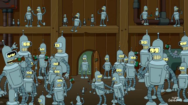 Uma multidão de robôs "Bender" do Futurama, alguns bebem cerveja, outros conversam entre si.